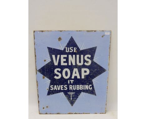 A Venus Soap double sided enamel chair back sign, 12 x 13". 