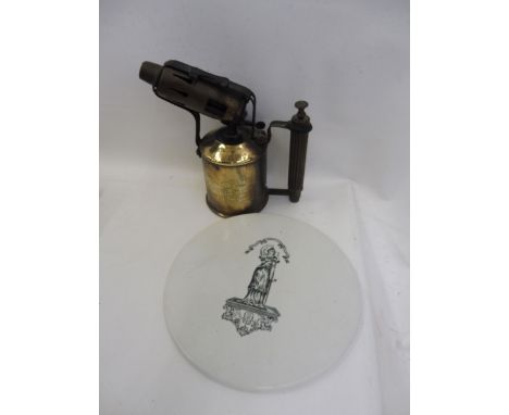 A circular white glazed pottery scales stand and a Sievent brass blow lamp.