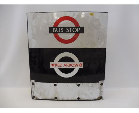 A London Transport double sided enamel Bus Stop and Red Arrow flag shaped sign, 18 x 21".