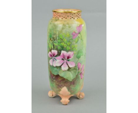 A ROYAL WORCESTER OVOID VASE, painted with Clematis flowers, pierced rim, leafy scroll feet, purple backstamp and shape No.G4