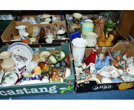 FOUR BOXES OF CERAMICS, GLASS, etc, to include Aynsley, Wedgwood Jasperware, a small Monart glass bowl and vase, Goebel birds