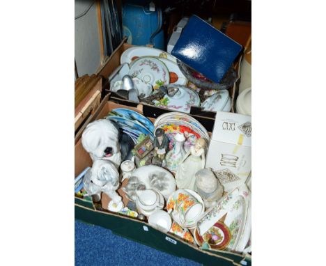 TWO BOXES AND LOOSE CERAMICS, GLASS, PICTURES ETC, to include boxed Nao Owl, Royal Worcester oven wares, Aynsley etc 