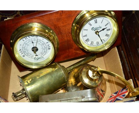 A BRASS BOTTLE JACK, a brass bell, a modern 'Carlsberg' barometer and clock mounted as one,  a tin and a 'BB' lock 