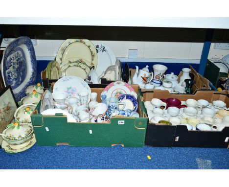 FOUR BOXES AND LOOSE CERAMICS ETC, to include shaving mugs, Royal Cauldon tablewares, Spode, Aynsley and Wedgwood, a large bl