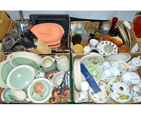FOUR BOXES CERAMICS, GLASS, KITCHEN ITEMS ETC, to include Royal Worcester 'Evesham' tureens, ramekins, etc, Wedgwood 'Petra' 
