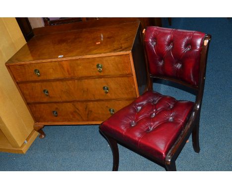 A WALNUT CHEST, of three drawers and a burgundy leather button office chair (2)