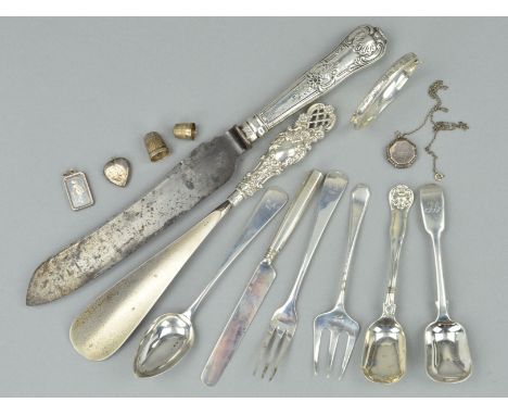 A PARCEL OF 19TH AND 20TH CENTURY SILVER AND WHITE METAL, including flatware, cutlery and jewellery (parcel)