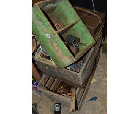 SIX VINTAGE WOODEN BOXES, with hand tools