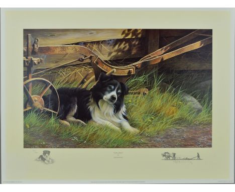 NIGEL HEMMING (BRITISH 1957) 'NOW AND THEN', a limited edition print 421/600 of a Collie dog by an old plough, signed and num
