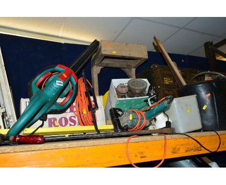 A BOSCH ELECTRIC STRIMMER, a Black and Decker drill, a box of hand tools, a stool tilly lamp, etc (12)