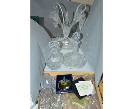 TWO GLASS DECANTERS AND STOPPERS, a clear glass epergne, central vase and one trumpet damaged and a boxed hip flask