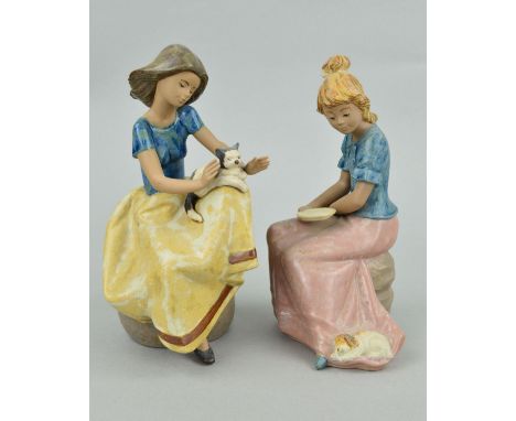 A LLADRO GRES FIGURE, 'Repose' girl with cat on knee, No2169, by Juan Huerta, height 21.5cm, together with a boxed Nao Gres f