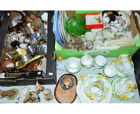 TWO BOXES AND LOOSE CERAMICS, GLASS, METALWARE ETC, to include Wellington china teawares, Border Fine Arts sculptures 'Labrad