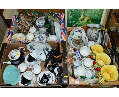 THREE BOXES AND LOOSE CERAMICS, GLASS, PICTURES, etc, to include Royal Albert 'Night and Day' part tea set (teapot, spout reg