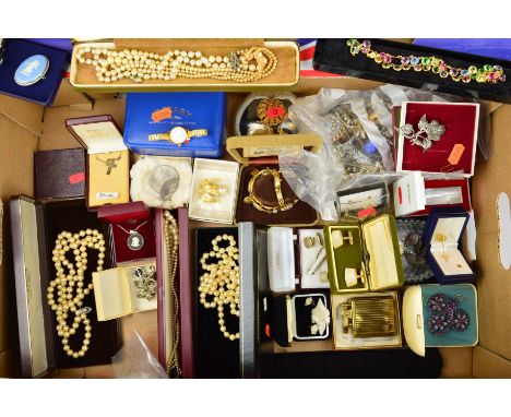 A SELECTION OF MAINLY COSTUME JEWELLERY, to include a Wedgwood brooch and pendant, marcasite jewellery, a long cultured pearl
