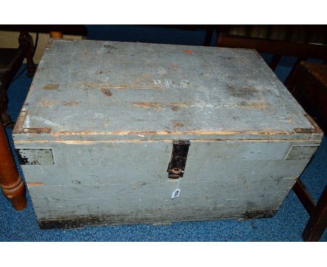 A PAINTED PINE METAL BANDED TOOL CHEST