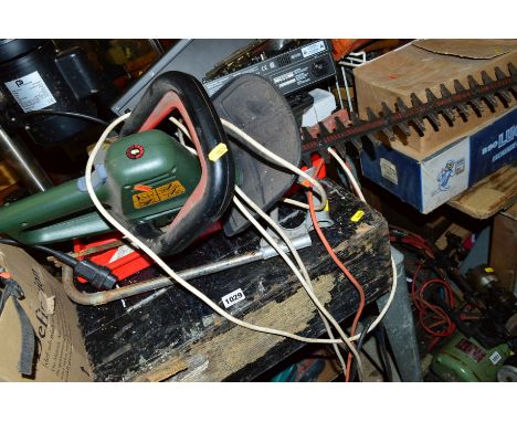 A WOODEN TOOLBOX, a Black & Decker hedgetrimmer and tools