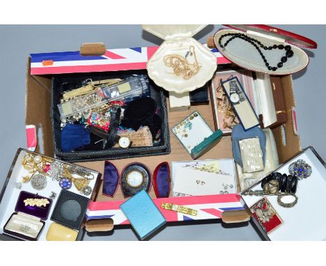 A SELECTION OF MAINLY COSTUME JEWELLERY, to include a late Victorian silver brooch, a late Victorian silver button hook, an o