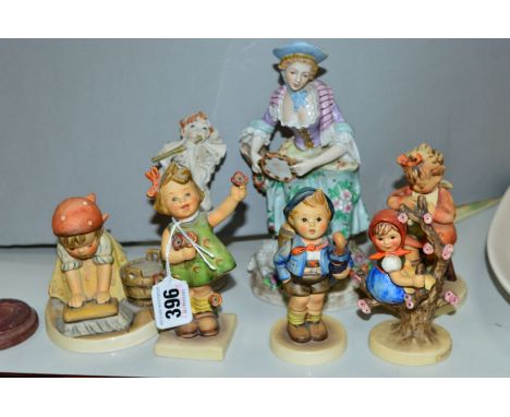 FIVE HUMMEL FIGURES, 'Spring Cheer' HUM72, 'Mother's Helper' HUM133, 'Apple Tree Girl' HUM141, 'Home From Market' HUM198 and 