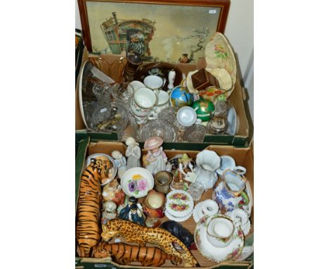 TWO BOXES AND LOOSE CERAMICS, GLASS, PICTURES, etc, to include Beswick Tiger No 2096, Masons jug, a pair of Sturgeon 'Caravan