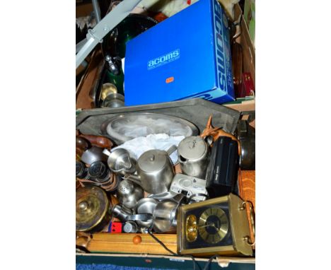TWO BOXES SUNDRIES, to include stainless steel Old Hall ladle and jug designed by R.Welch, clocks, cameras etc