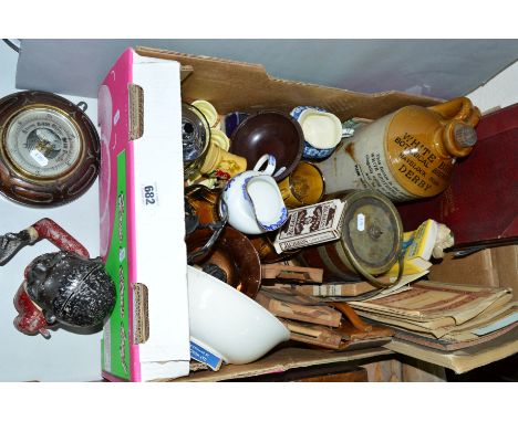 A BOX AND LOOSE SUNDRY ITEMS, to include 'Jolly' money bank, barometer, stoneware flagon 'White Bros, Havelock Road, Derby', 