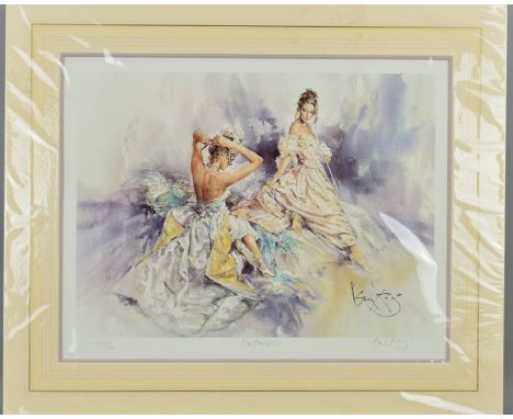 GORDON KING (BRITISH 1939) 'FANTASY', an artist proof print 23/60 of two women dressing in historical costume, signed, titled