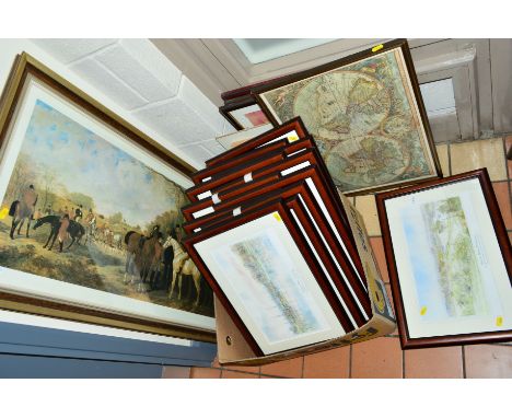 PICTURES AND PRINTS, to include twelve framed Historic places and landscapes, a large hunting scene print, etc (one box and l
