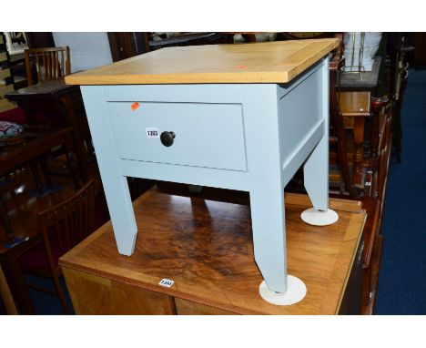 A PAINTED LIGHT OAK TOPPED OCCASIONAL TABLE, with a single drawer