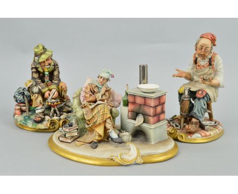 THREE CAPODIMONTE FIGURES, to include a Cobbler with shoe, tools and cut finger, height 25cm, a Tramp cooking eggs, height 21