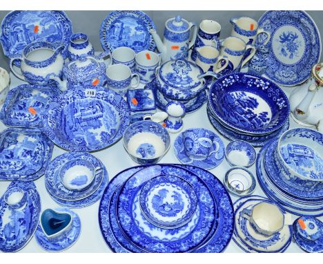 A COLLECTION OF BLUE AND WHITE TABLE WARES, to include Doulton 'Watteau', Copeland Spode and Old Foley serving plates, plates