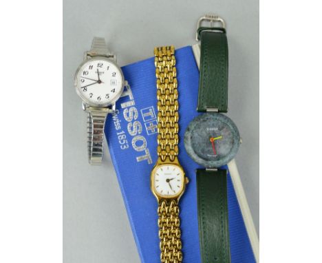 THREE TISSOT WATCHES, to include a green Rock watch with leather strap, a lady's watch with circular face and expandable stra