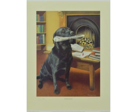 NIGEL HEMMING (BRITISH 1957) 'EVENING DELIVERY', a limited edition print 81/600 of a Labrador with a newspaper, signed and nu