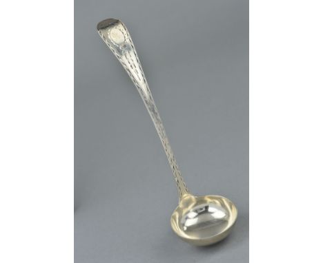 A MID VICTORIAN SILVER LADLE, with bright cut engraved decoration to the handle, hallmarked John Muirhead & Son, Glasgow 1869