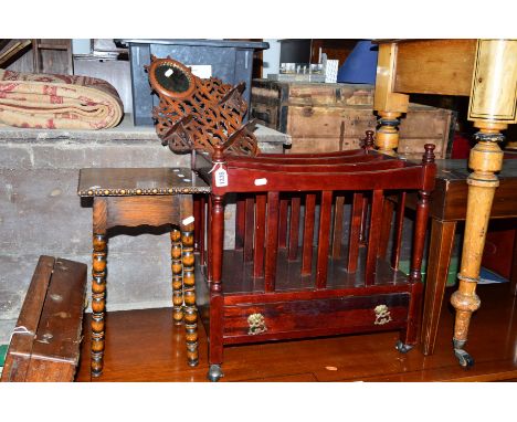 A 20TH CENTURY OAK FRETWORK WALL MIRROR/SHELF, an oak occasional table and a mahogany canterbury (3)