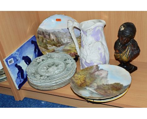 A GROUP OF CERAMICS, to include two Derby plates with scenes by Statham, rectangular blue and white tile depicting fishermen,