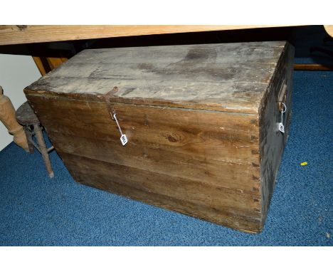 AN EARLY 20TH CENTURY STAINED PINE TOOL CHEST, approximate size width 85cm x depth 61cm x height 50cm
