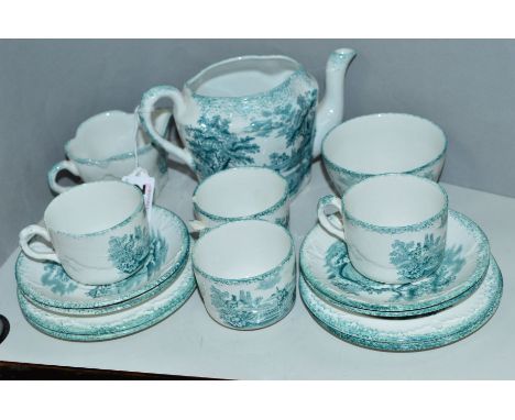 RIDGWAYS HUMPHREYS CLOCK PART CHILD'S TEASET, 'Scenes From Chas Dicken's Old Curiosity Shop', green transfer printed scenes t