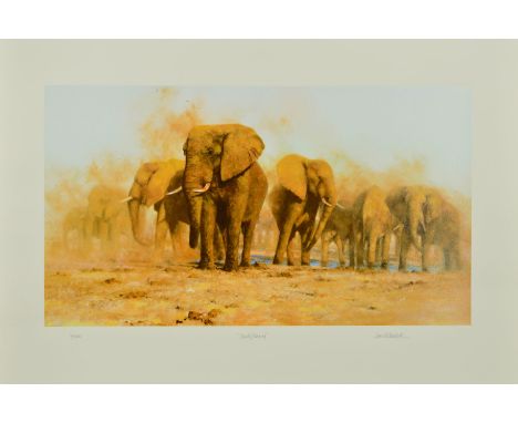 DAVID SHEPHERD (1931-2017) 'DUSTY EVENING', a limited edition print 99/200 of a herd of elephants, signed, titled and numbere