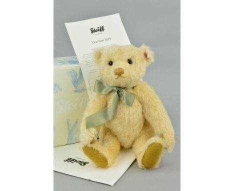 A BOXED LIMITED EDITION STEIFF YEAR BEAR 2010, made for QVC, No.15/1500, No.663390, light blond mohair, wearing green ribbon 