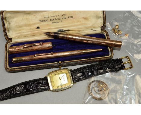 A SELECTION OF ITEMS, to include a matching fountain pen and retractable pencil with engine turned decoration, weight 42.4 gr