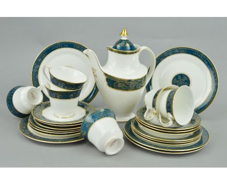 ROYAL DOULTON 'CARLYLE' TEAWARES (SECONDS), to include teapot (lid reglued), six cups, six saucers, five 20cm plates and six 