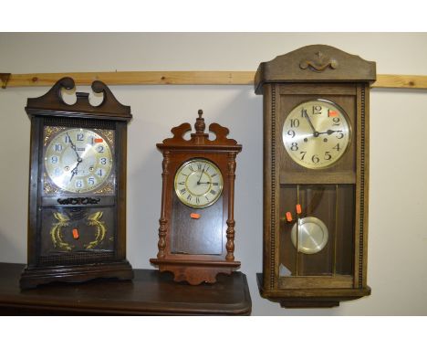 MID 20TH CENTURY OAK CASED WALL CLOCK, modern wall clock and a modern mantel clock (3) (2 winding keys)