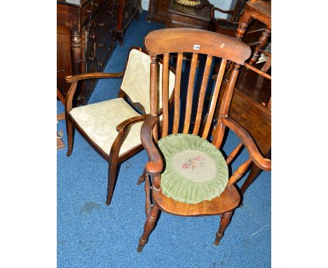 A GEORGIAN ELM STICK BACK WINDSOR ARMCHAIR, together with another armchair (2)