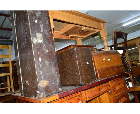 TWO OAK CASED SINGER SEWING MACHINE, another Singer sewing machine and a pine tool chest (4)