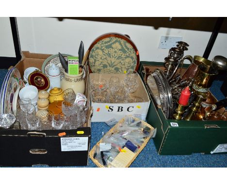 THREE BOXES AND LOOSE METALWARES, GLASS, ETC, to include plated candelabra and candlesticks, footstool, cut glass, buttons, e