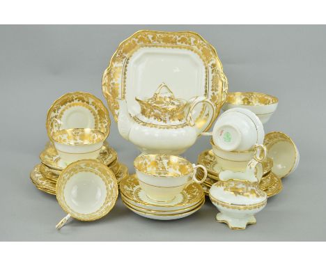 HAMMERSLEY & CO TEAWARES, gilt decorated on a white ground, to include teapot, milk jug (reglued base), sugar bowl, six cups 