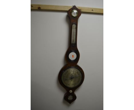A GEORGIAN MAHOGHANY AND SATINWOOD INLAID BANJO BAROMETER, marked G.Taroni, Leek, approximate height 95cm (s.d, losses)