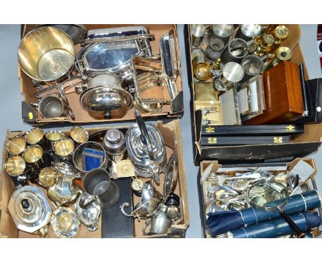 FOUR BOXES OF SILVER PLATE, FLATWARE, CUTLERY, PEWTER, BRASS, ETC,including a four piece tea set, entree dishes, wine cooler,