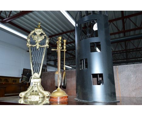 A MODERN BRASS FAN FIRESCREEN and two various companion sets (3)